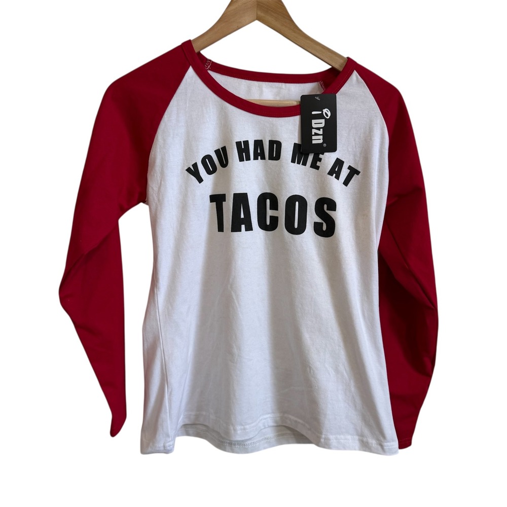 iDzn You Had Me At Tacos Raglan‎ T-Shirt Red & White Novelty Graphic Tee